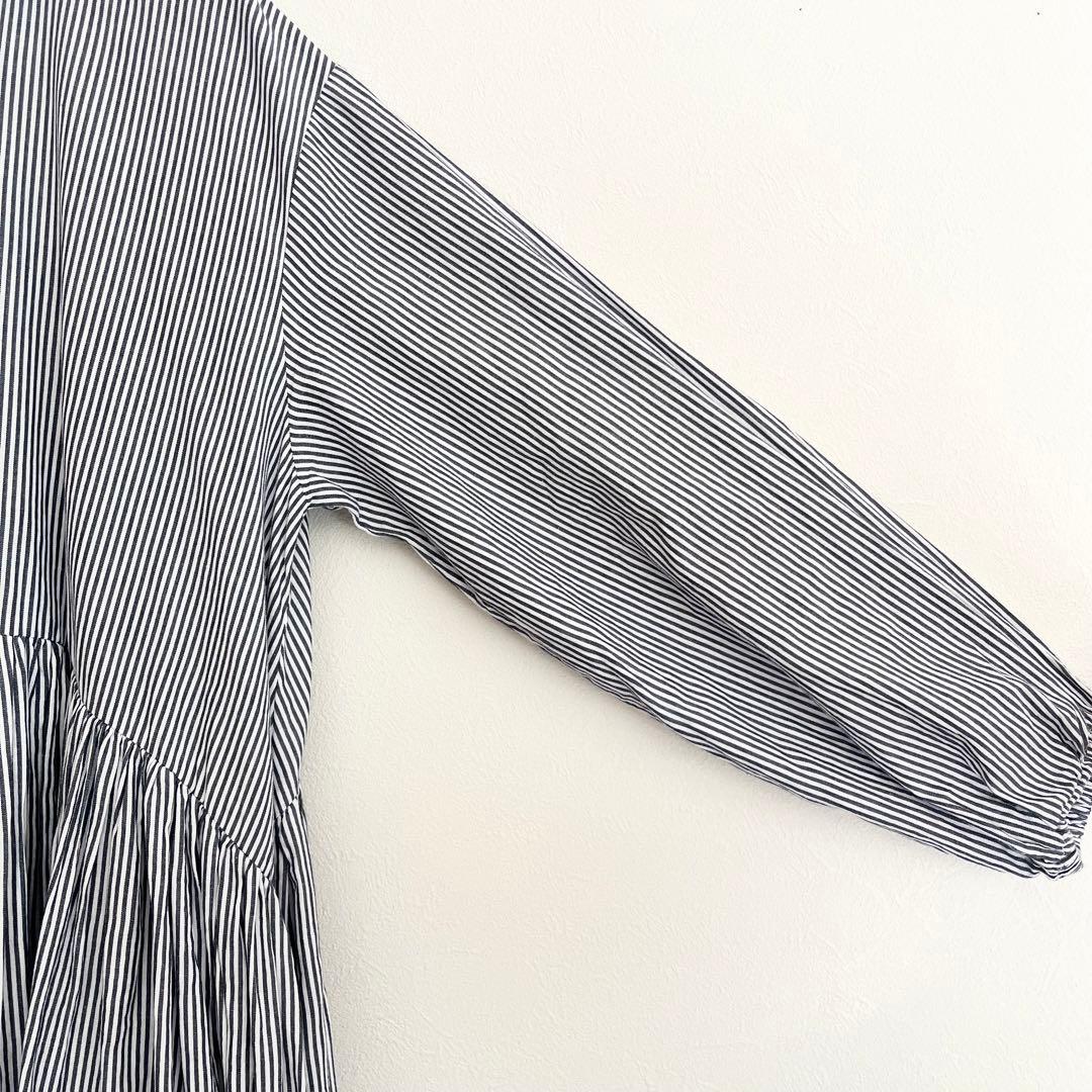 定価2.2万 ビアズリー 先染めギャザーワンピース ストライプ ネイビー 定番