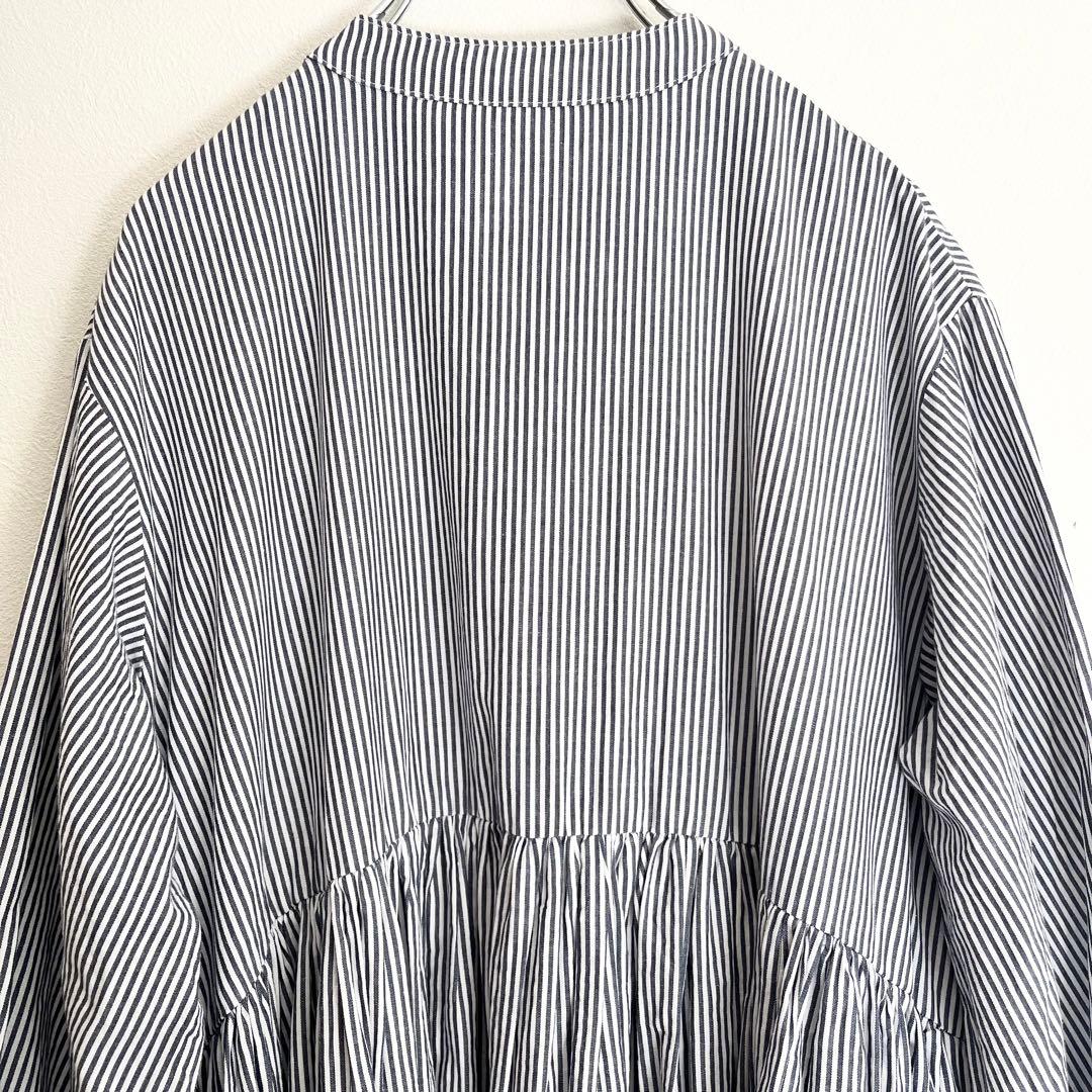 定価2.2万 ビアズリー 先染めギャザーワンピース ストライプ ネイビー 定番