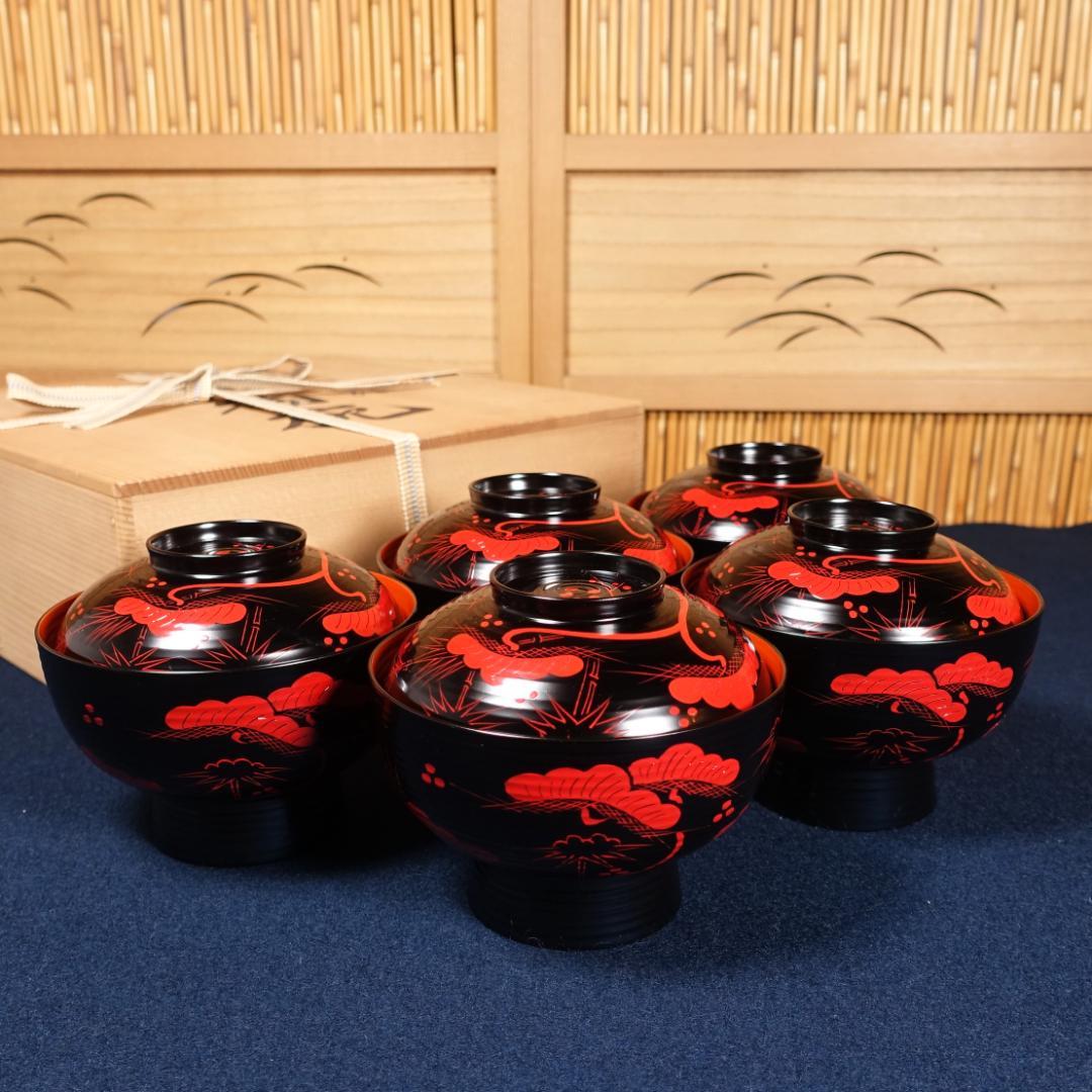 雅な逸品 天然木製 蓬莱山蒔絵 大振 煮物椀 雑煮椀 5客 共箱