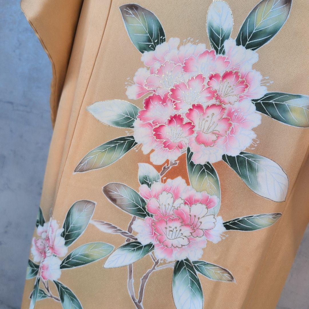 訪問着　フルセット　着物　正絹　生け花　しつけ糸　金　華やか　黄橙　C2