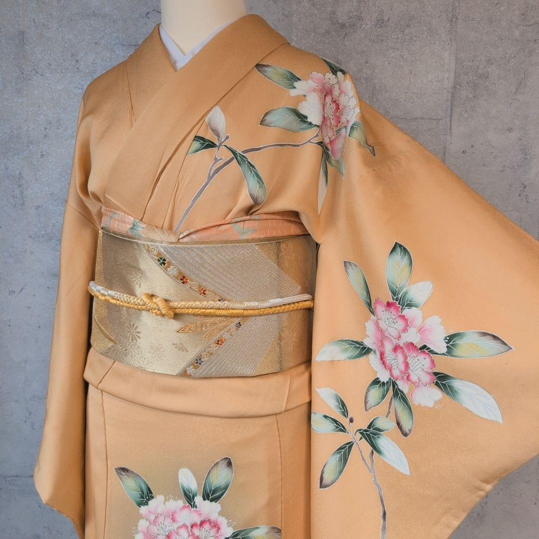 訪問着　フルセット　着物　正絹　生け花　しつけ糸　金　華やか　黄橙　C2