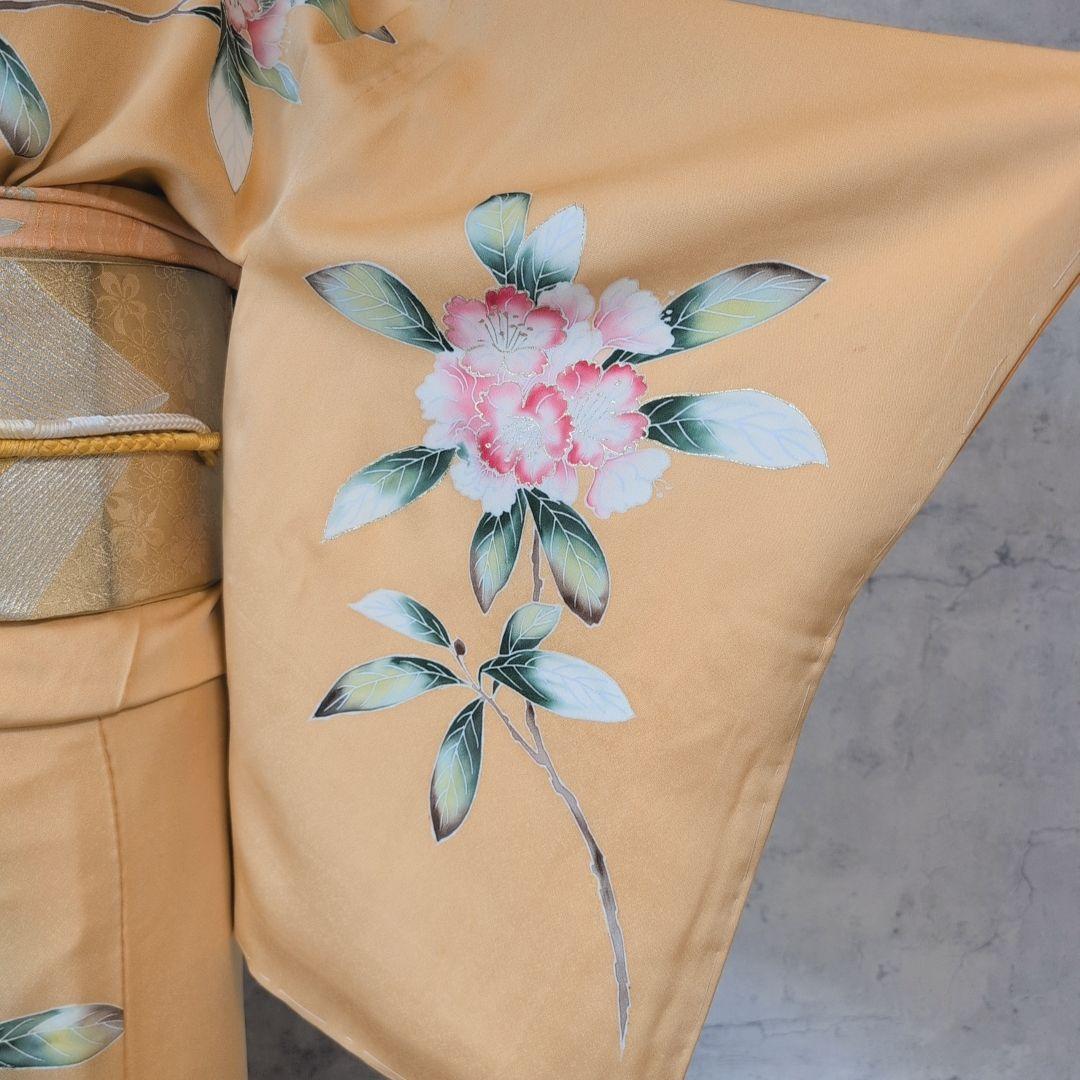 訪問着　フルセット　着物　正絹　生け花　しつけ糸　金　華やか　黄橙　C2