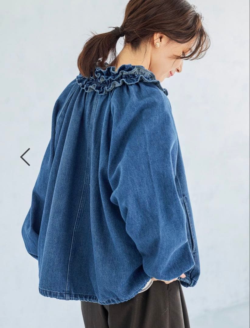 スタディオクリップ フリルカラー甘織りデニムシャツブルゾン　ブルー　フリー