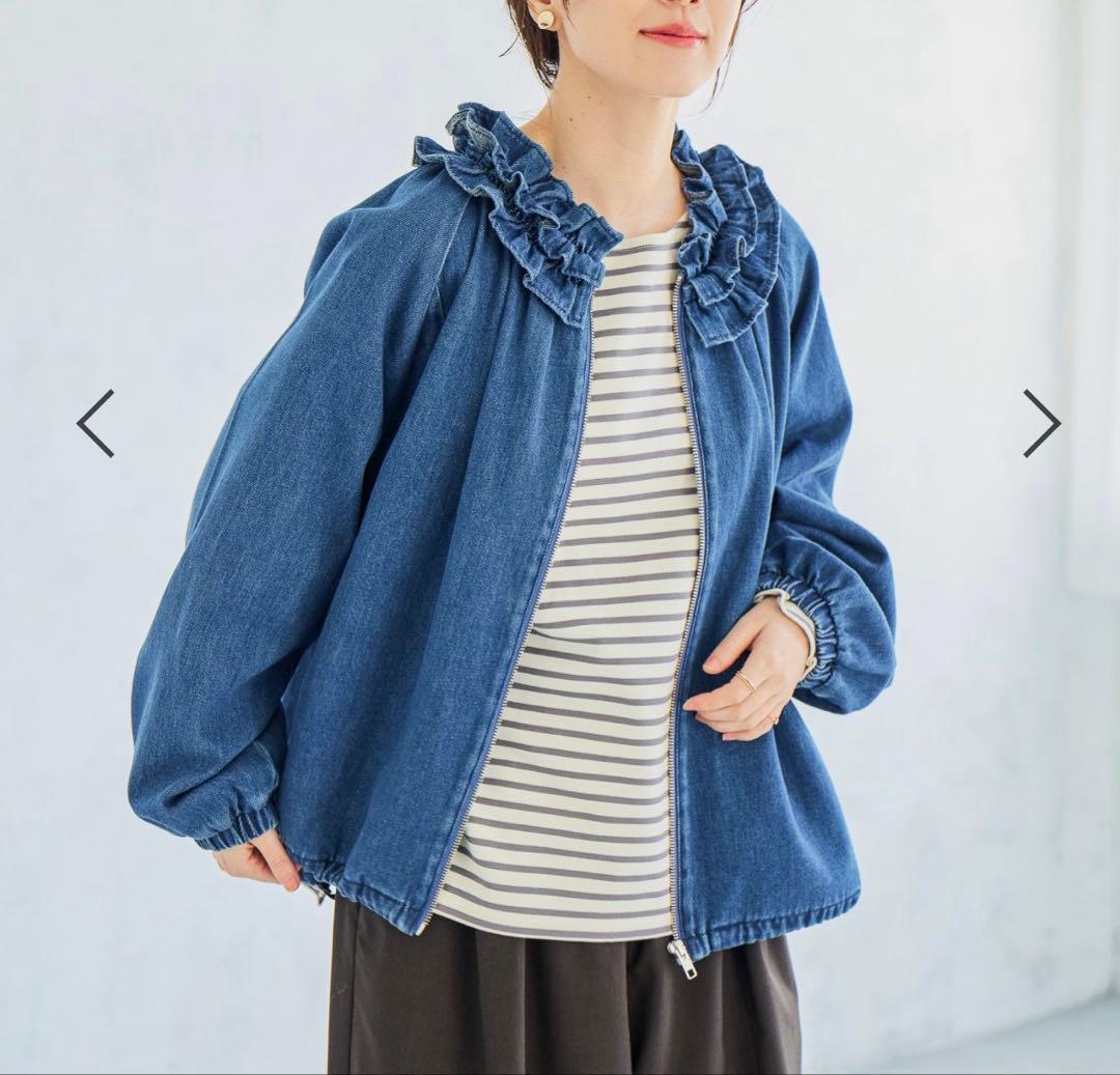 スタディオクリップ フリルカラー甘織りデニムシャツブルゾン　ブルー　フリー