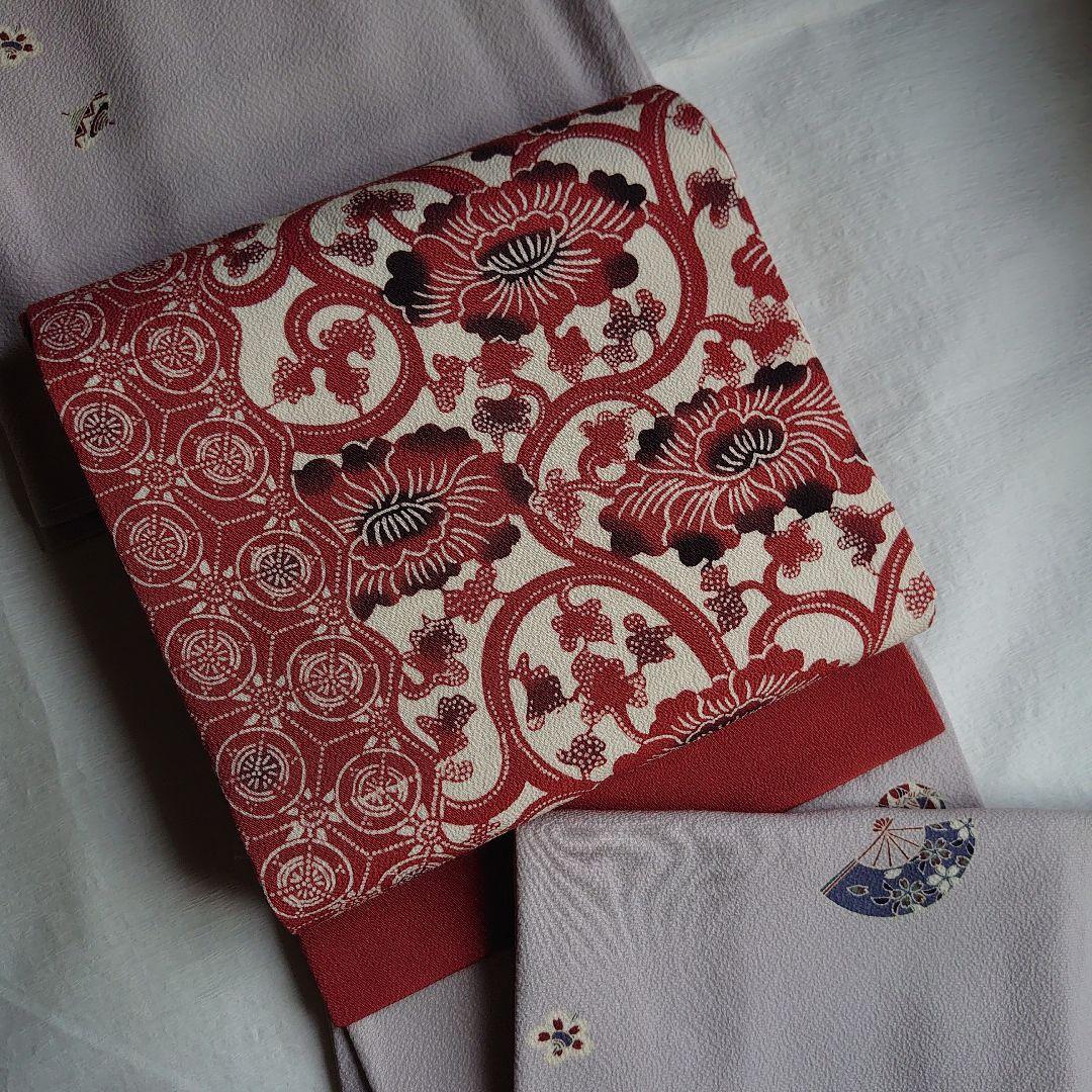 大人可愛い花唐草模様 草木手染めのちりめん開き名古屋帯