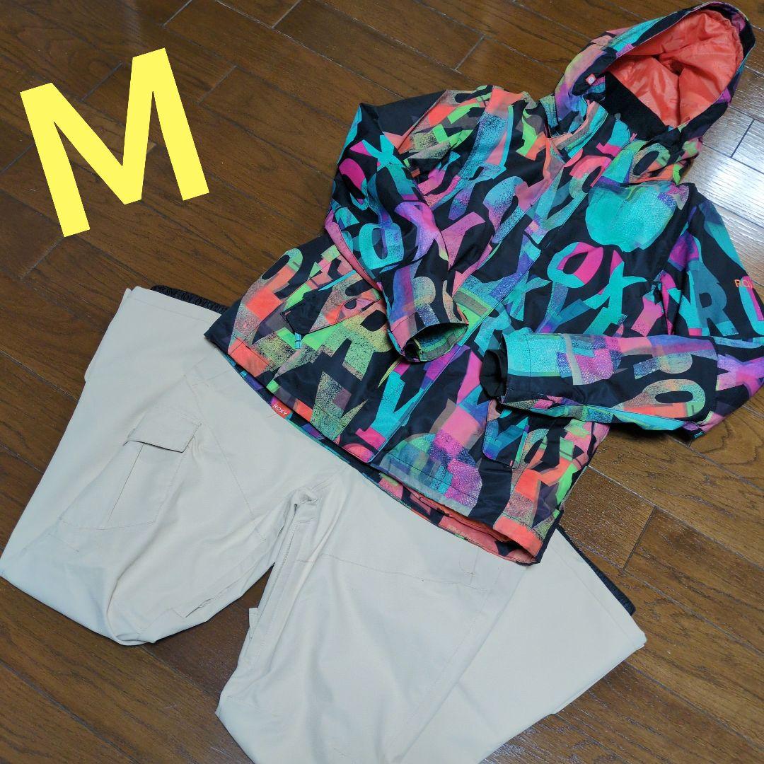 ROXY　スノボウェア　上下セット　Ｍ　総柄　ロゴ　ベージュ