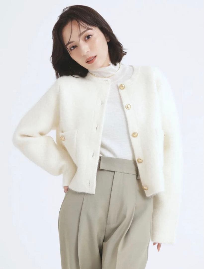 【美品】anuans アニュアンス ラクーンブレンドノーカラーニットジャケット