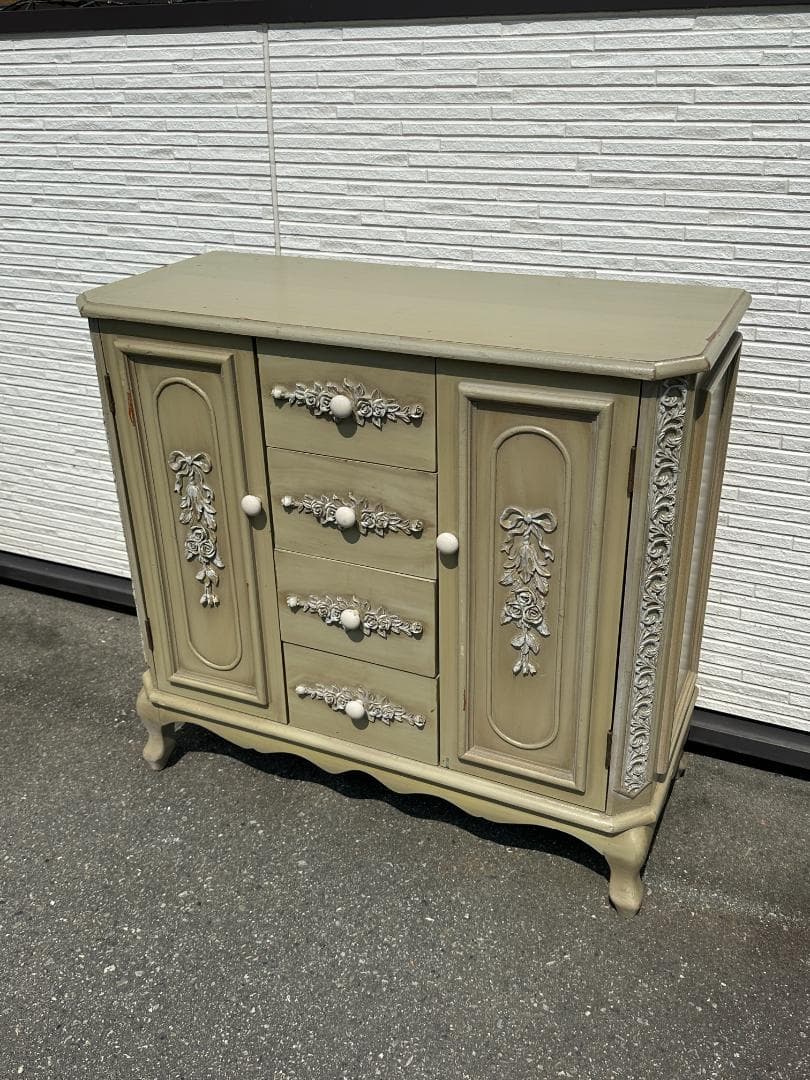 ビンテージ ロココ調 アンティーク風 木製 デザインキャビネット 棚 グリーン