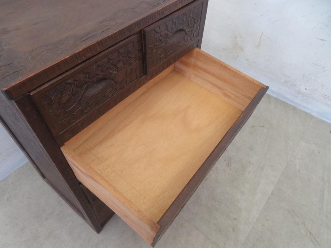 軽井沢彫■整理箪笥■4段5杯■チェスト■伝統工芸■高級■桜吉野柄■彫刻■手彫り■