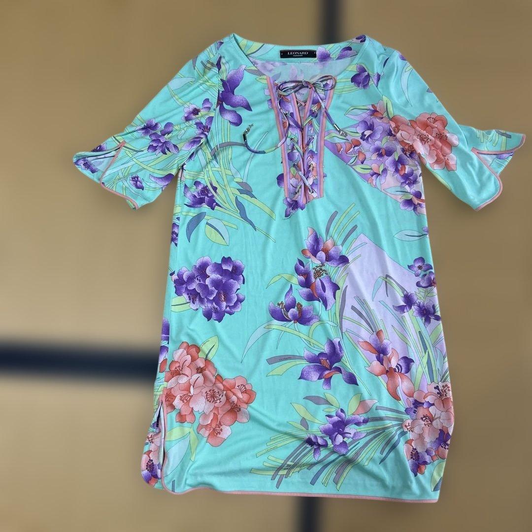 お値下げ　花柄ミントグリーンチュニック 五分袖