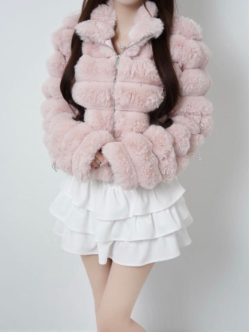 Lumi puff kirakira bijou fur coat【ピンク】