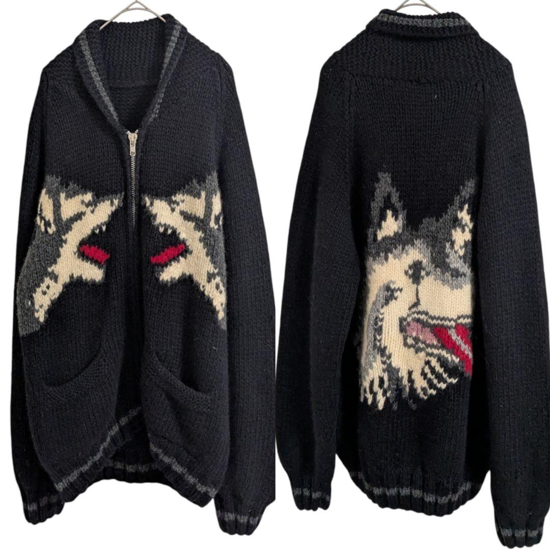 Vintage古着　80s　狼オオカミウルフ　カウチンニット　ジップアップ　犬