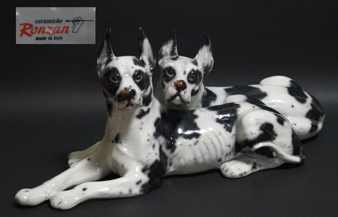 イタリア製Ceramiche Ronzan大型可愛らしい2匹グレート デーン置物