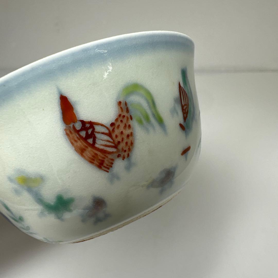 中国古玩　大明成化年製　豆彩チキンカップ　口径8.2㎝　東さ7-0411①