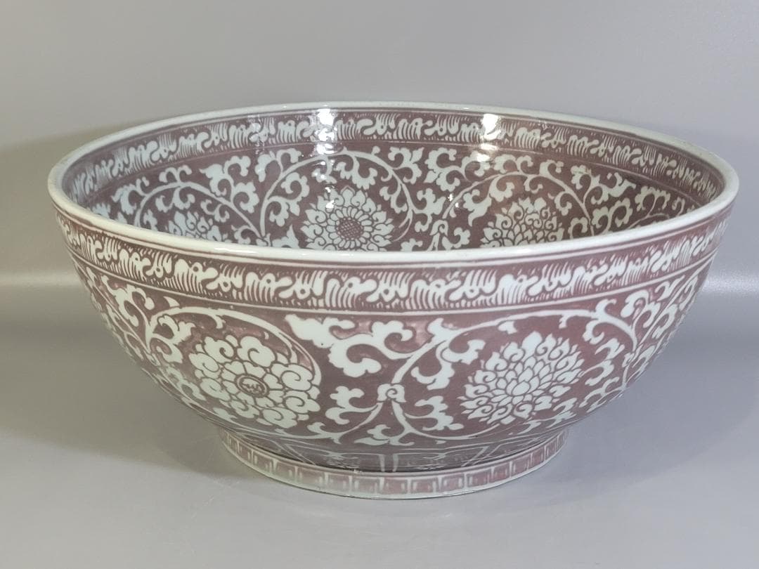 中国美術 釉裏紅 纏枝蓮花 双魚紋 大碗 DT471