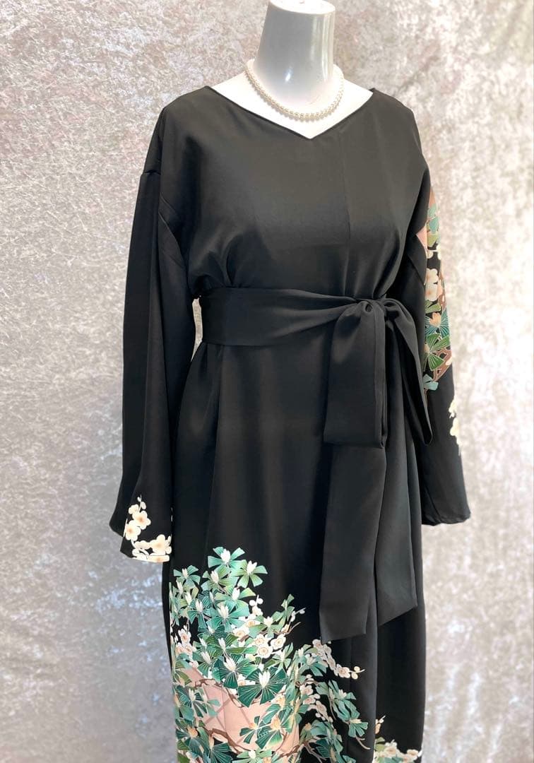 留袖ワンピース　4L/140　作家物/手描き友禅　V襟/フレア袖　正絹