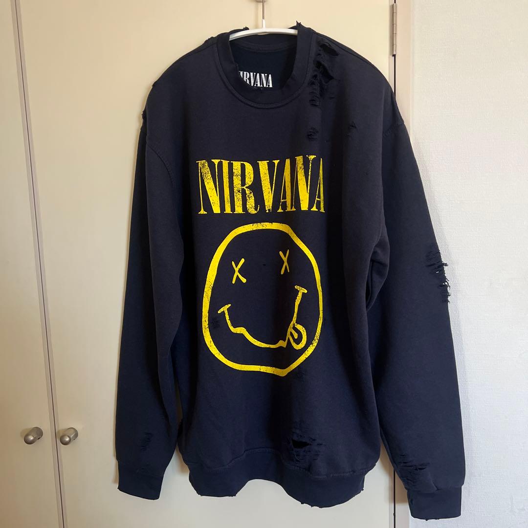 THRIFTY LOOK Worn-Out Band Crew ネイビー XL