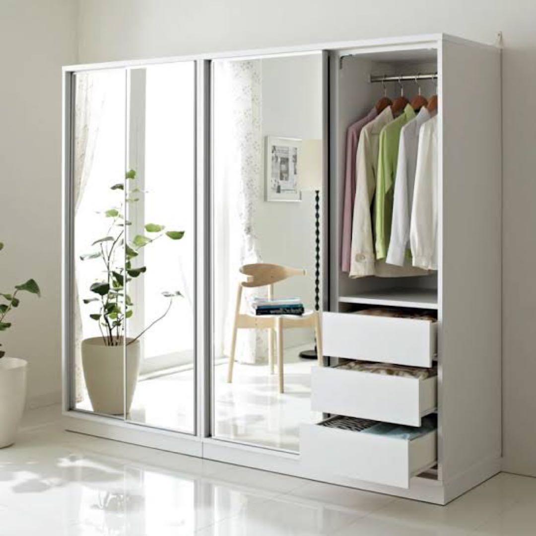 【ディノス】アルミ引き戸式ワードミラーハンガー 幅118cm ミラーホワイト