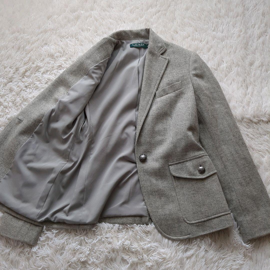 美品 ローレンラルフローレン ヘリンボーンブレザー 銀ボタン グレー M