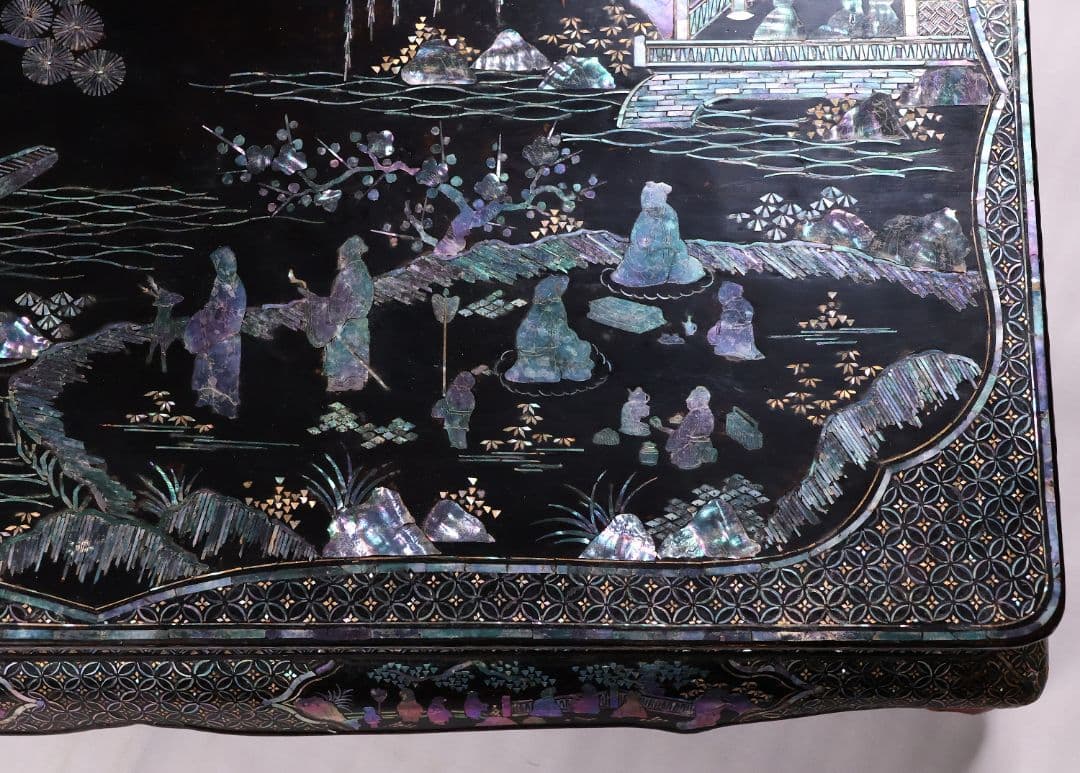 時代唐物 青貝螺鈿細工 楼閣人物 平卓 花台 香炉台 58cm 木製【MA624