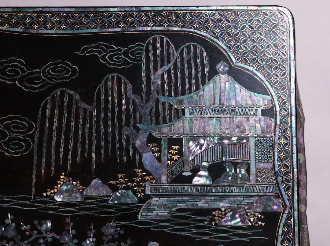 時代唐物 青貝螺鈿細工 楼閣人物 平卓 花台 香炉台 58cm 木製【MA624