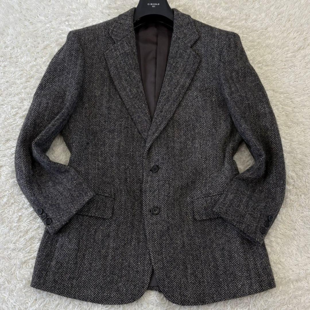 ハリスツイード テーラードジャケット 総柄 ヘリンボーン L チャコールグレー