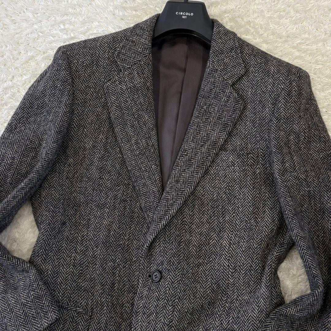 ハリスツイード テーラードジャケット 総柄 ヘリンボーン L チャコールグレー