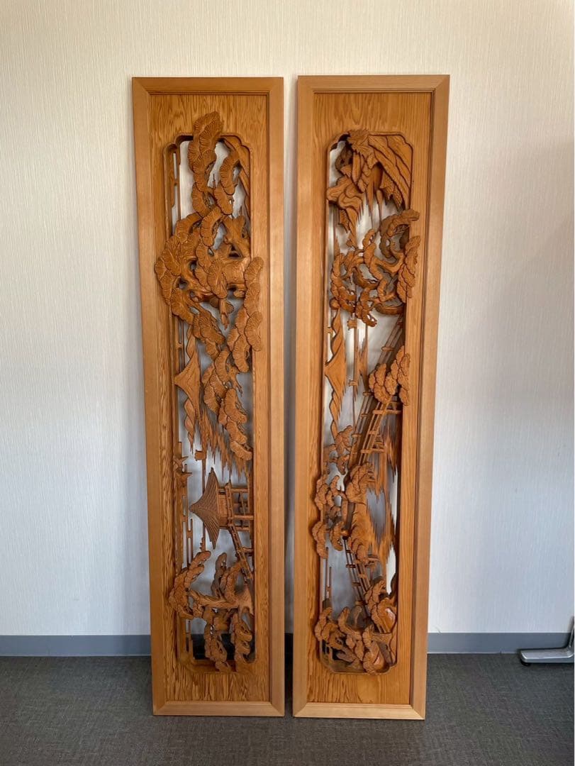 欄間　二枚組　木彫り　彫刻　松