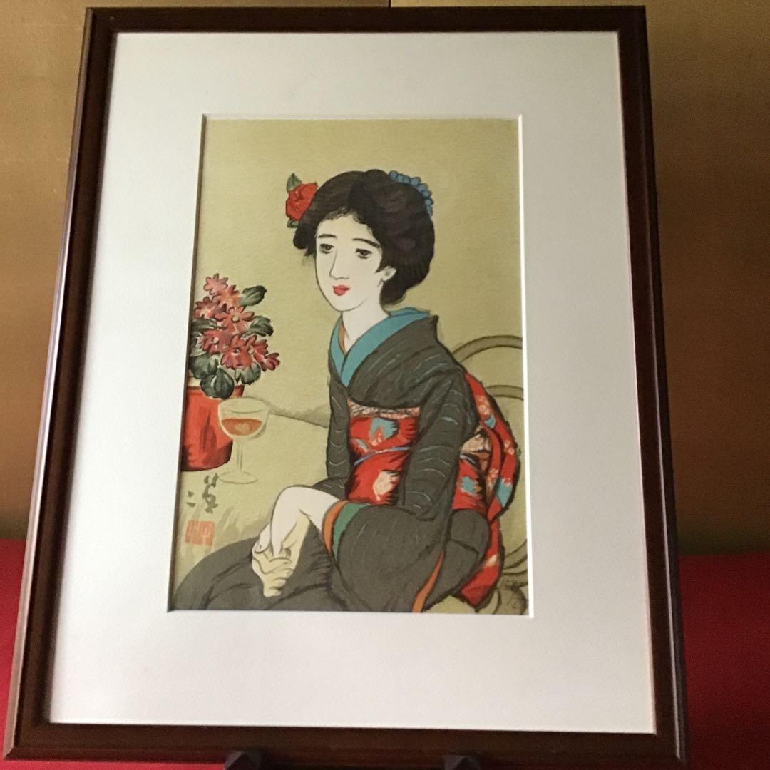 竹久夢二　「椿の髪飾り」　リトグラフ美人版画限定250部158/250