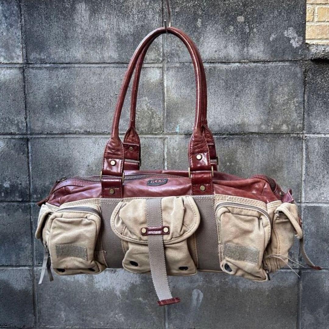 DIESEL 00s レザー×キャンバス×メタル 異素材ミックスボストンバック