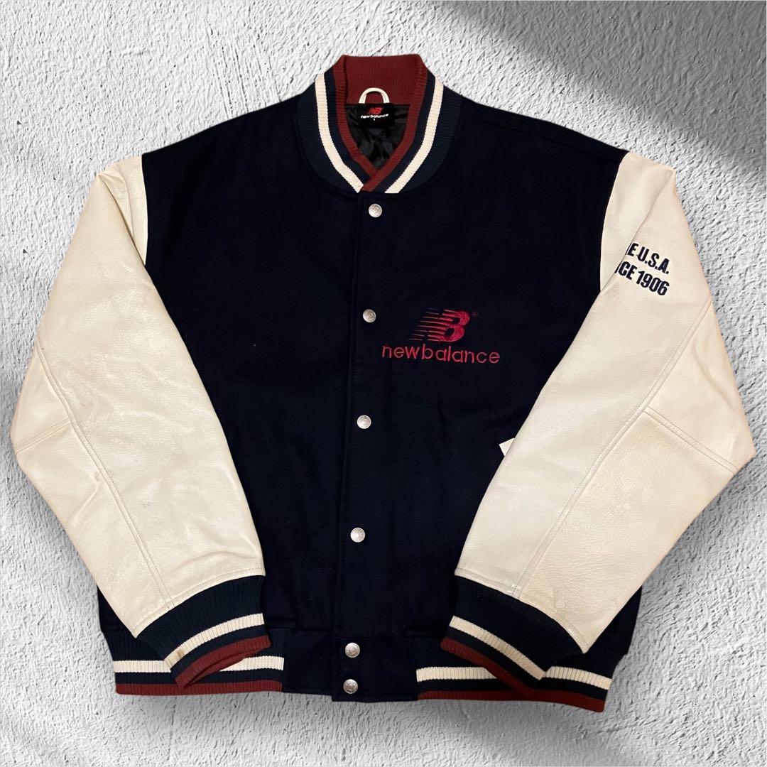 希少 ニューバランス 袖レザー スタジャン L ウール 豚革 刺繍ロゴ ネイビー