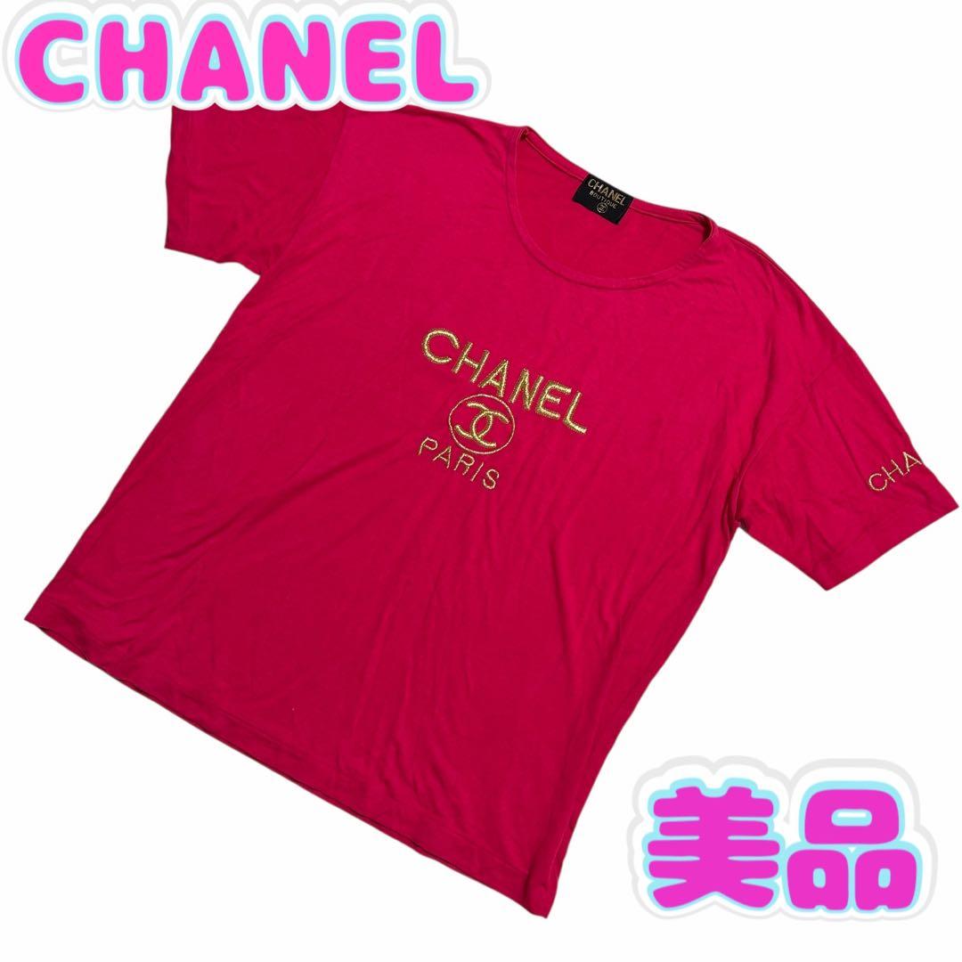 【美品】CHANEL ヴィンテージTシャツ ゴールド刺繍　ショッキングピンク