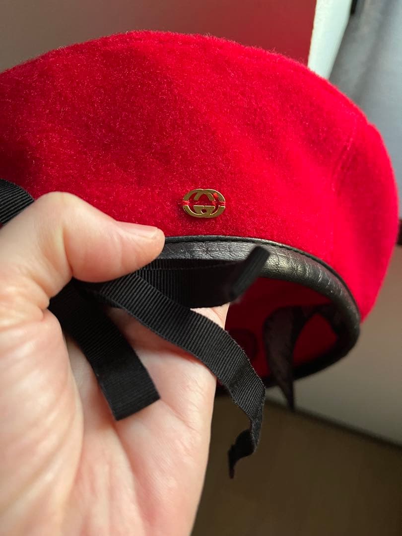 GUCCI gg刺繍　ベレー帽　レザーパイピング　インターロッキングチャーム S