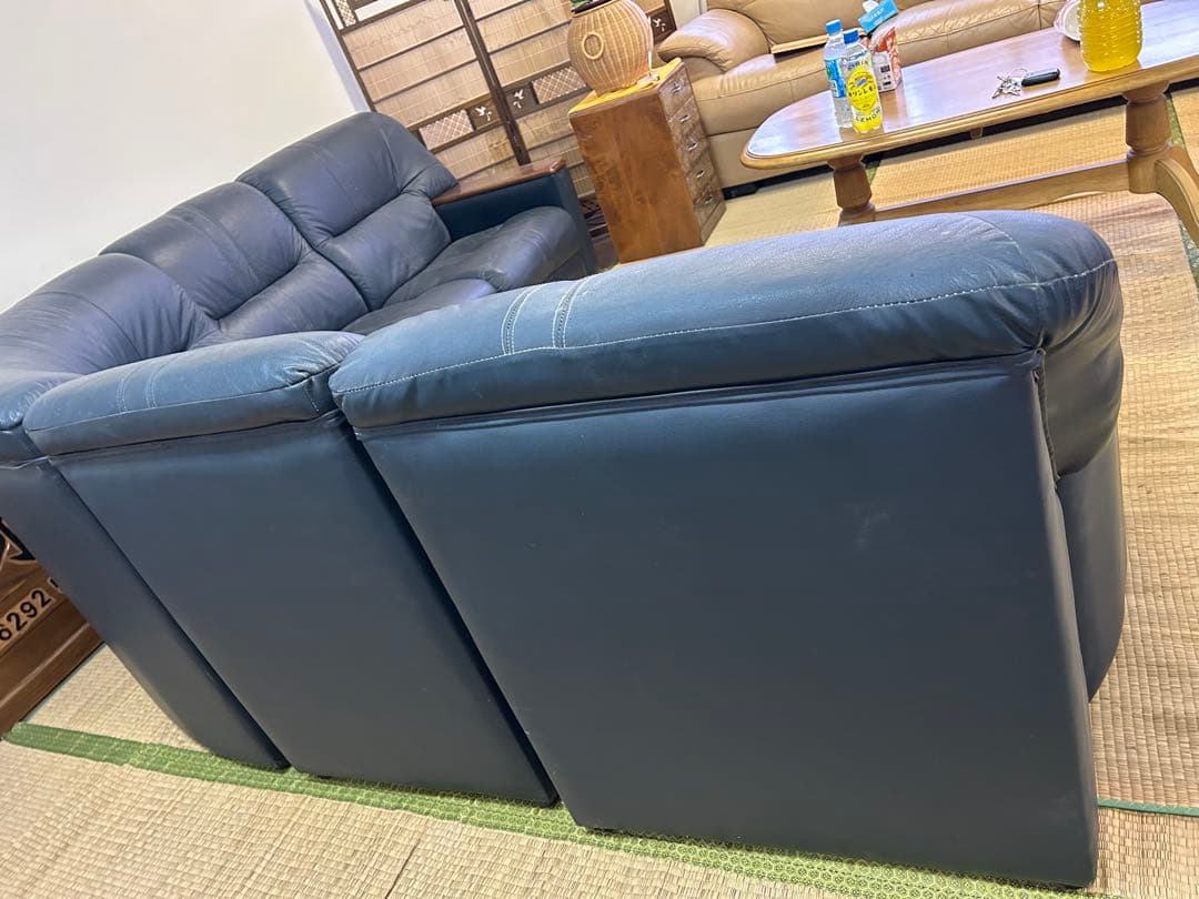 く*う様 ダークブルー レザー コーナーソファ