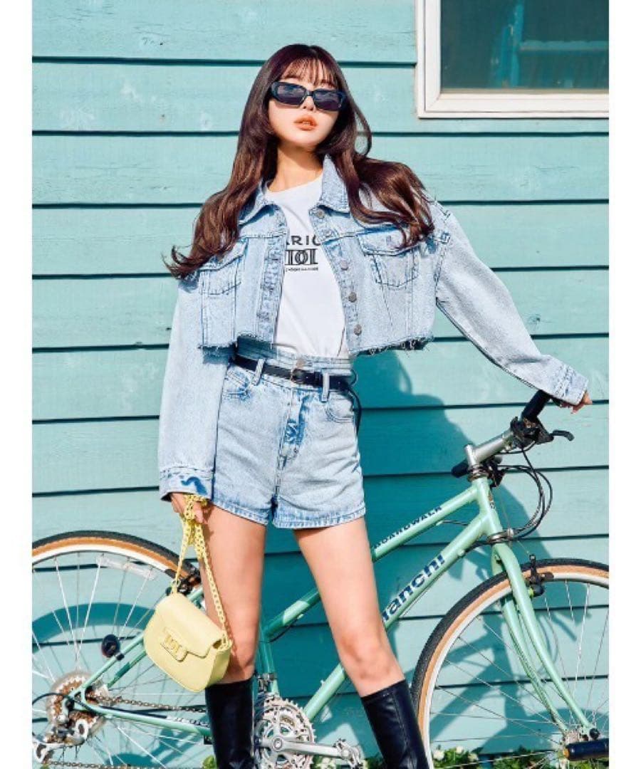 新品タグ ドロップショルダーショートGジャン ハイウエストデニムショートパンツ