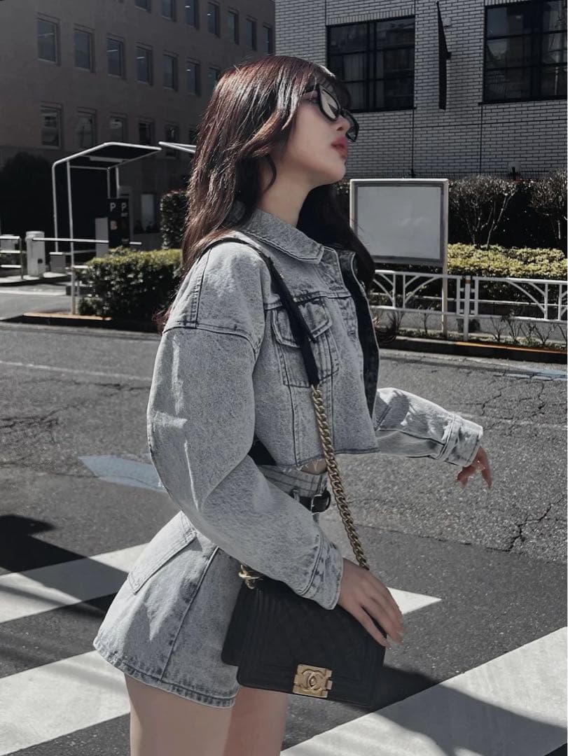 新品タグ ドロップショルダーショートGジャン ハイウエストデニムショートパンツ