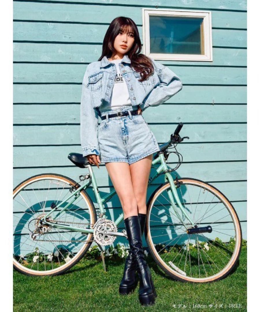 新品タグ ドロップショルダーショートGジャン ハイウエストデニムショートパンツ