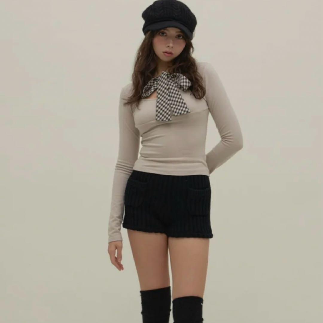 トップス andmary Ami ribbon check tops / beige