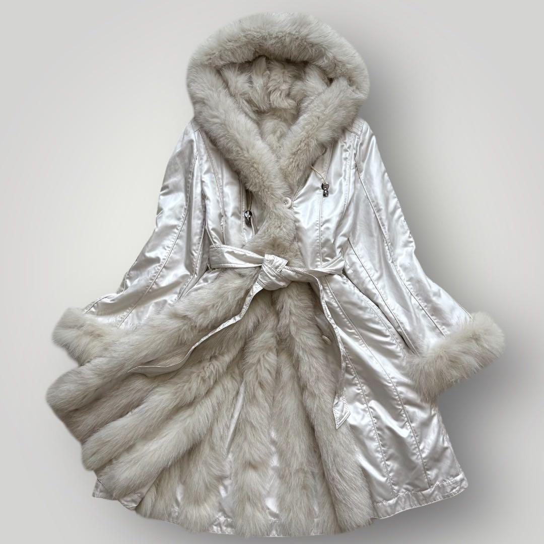 美品 ブルーフォックス フード ロングコート 毛皮 ベルト トレンチ ホワイト