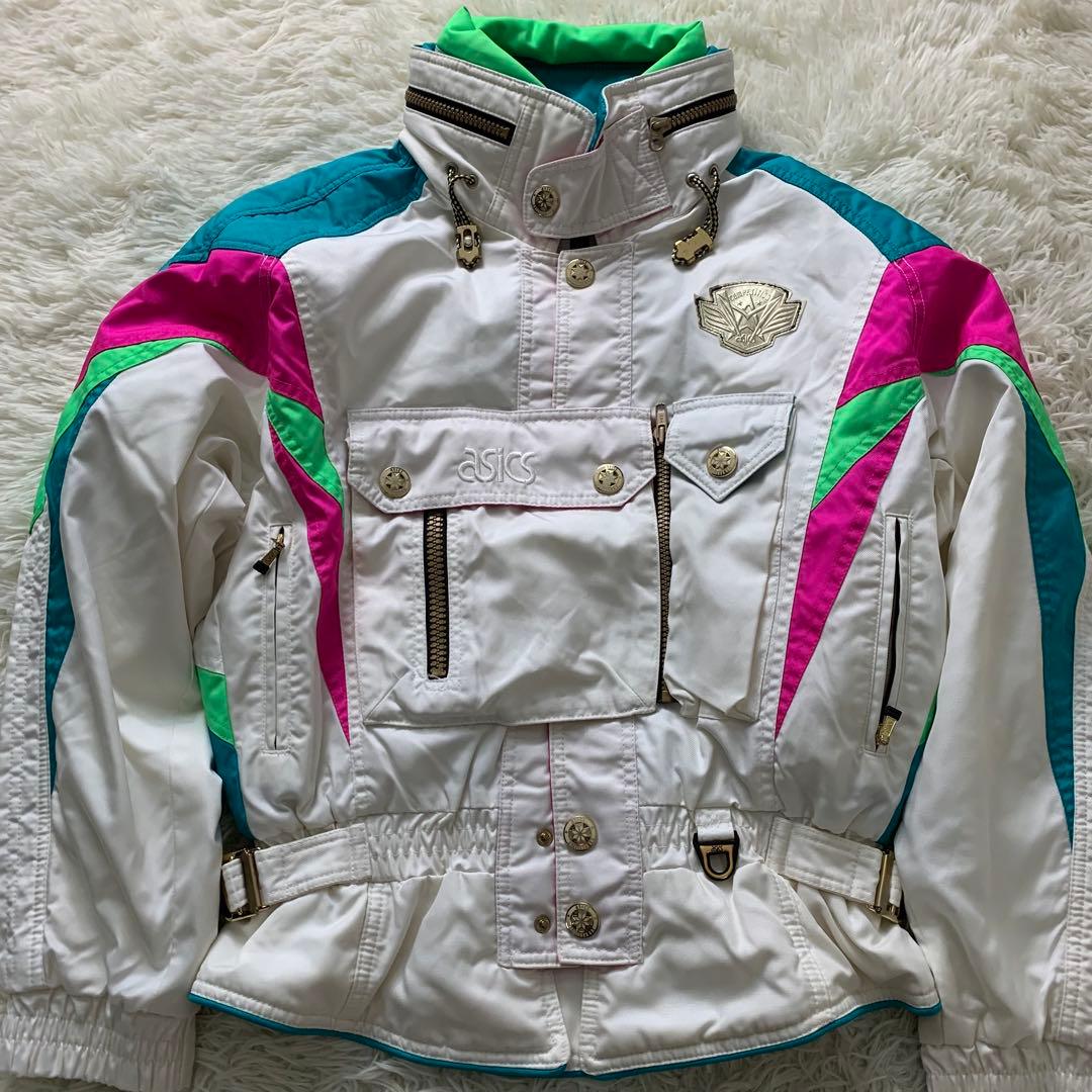 美品■アシックス レトロ　スキーウェア ホワイト マルチカラー M