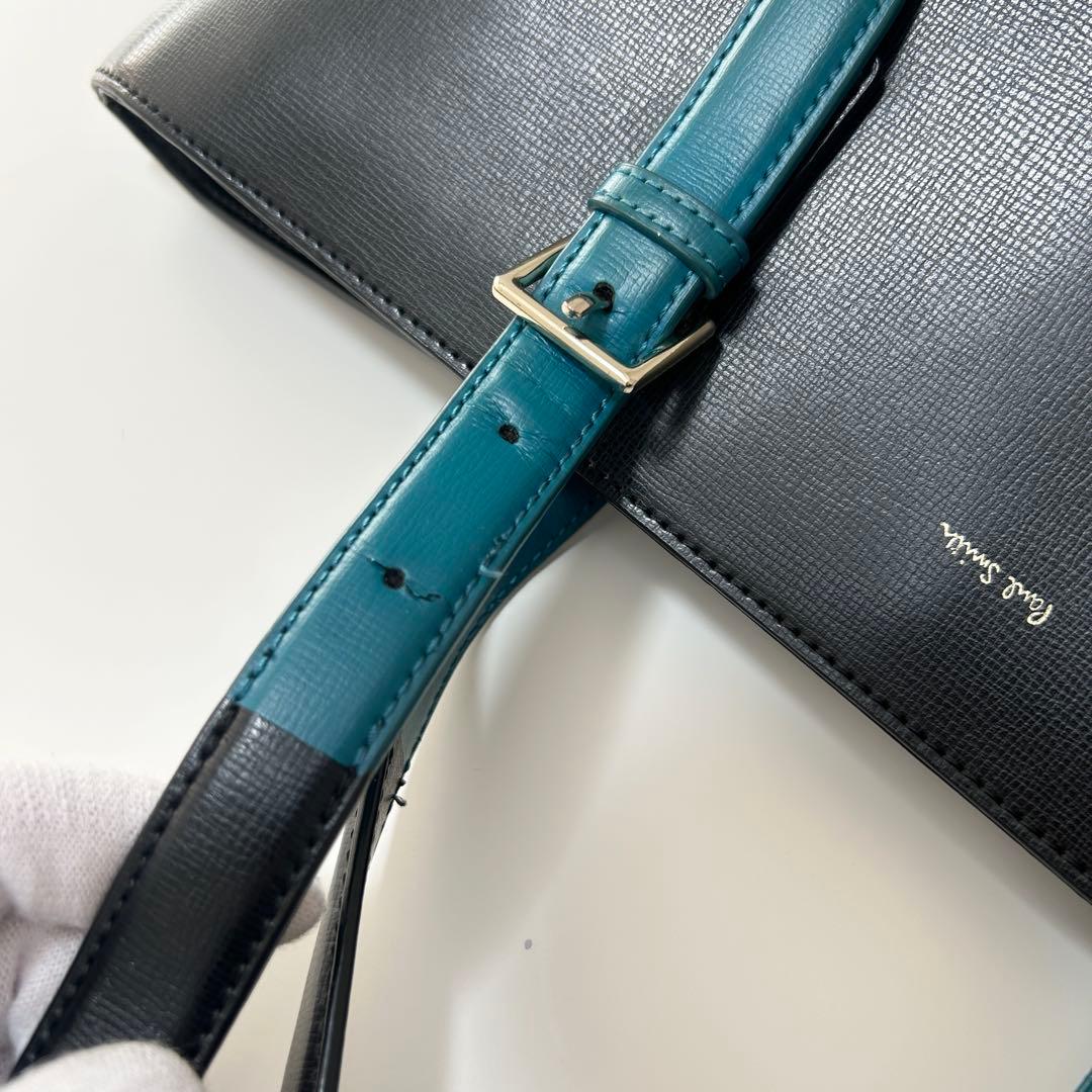 ポールスミス トートバッグ 黒×ターコイズ 本革 ビジネスバッグ A4収納可