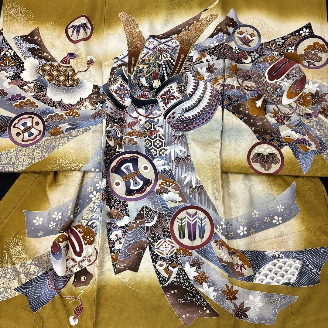 即決価格☆特選豪華刺繍入、大将兜龍、多色友禅古代祝い文、新品正絹産着祝着京友禅染