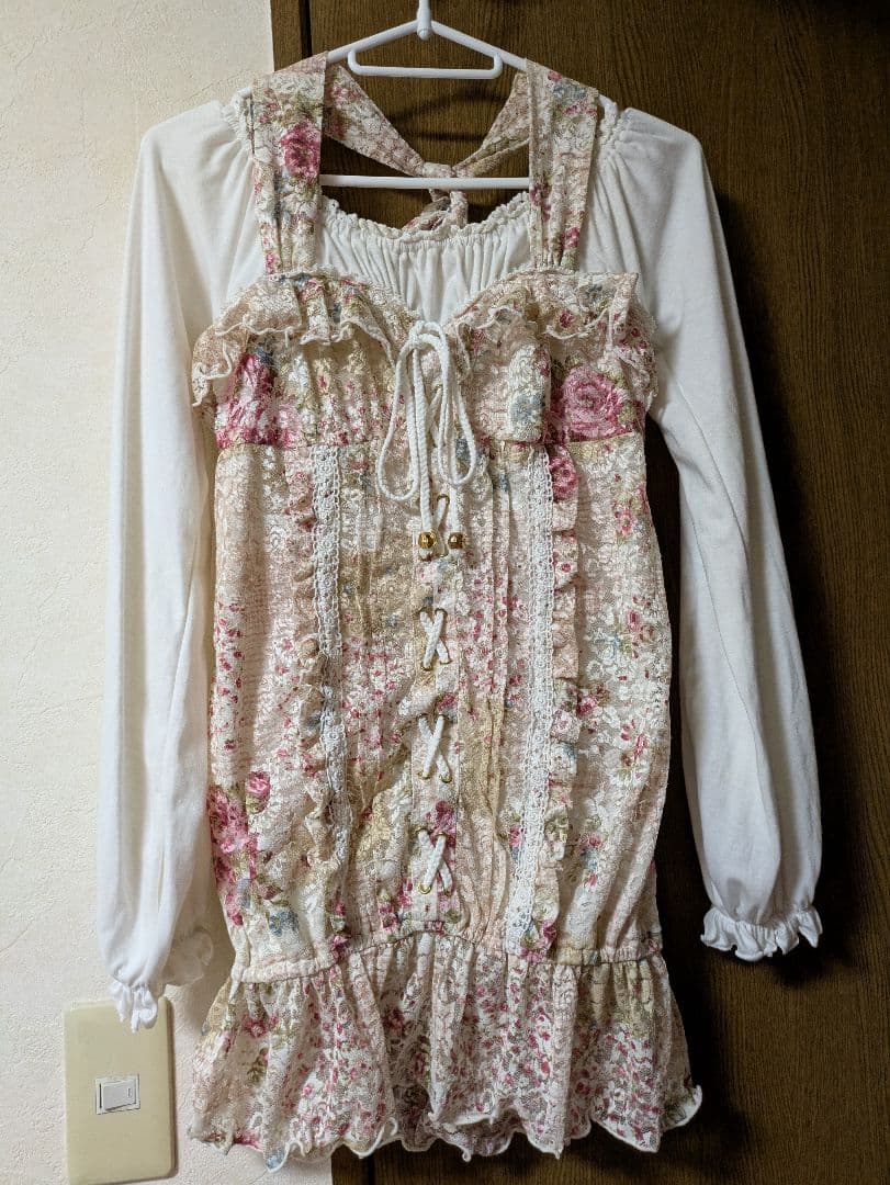 LIZLISA ベージュ×ピンクチェック花柄パワネホルターチュニック 平成 希少