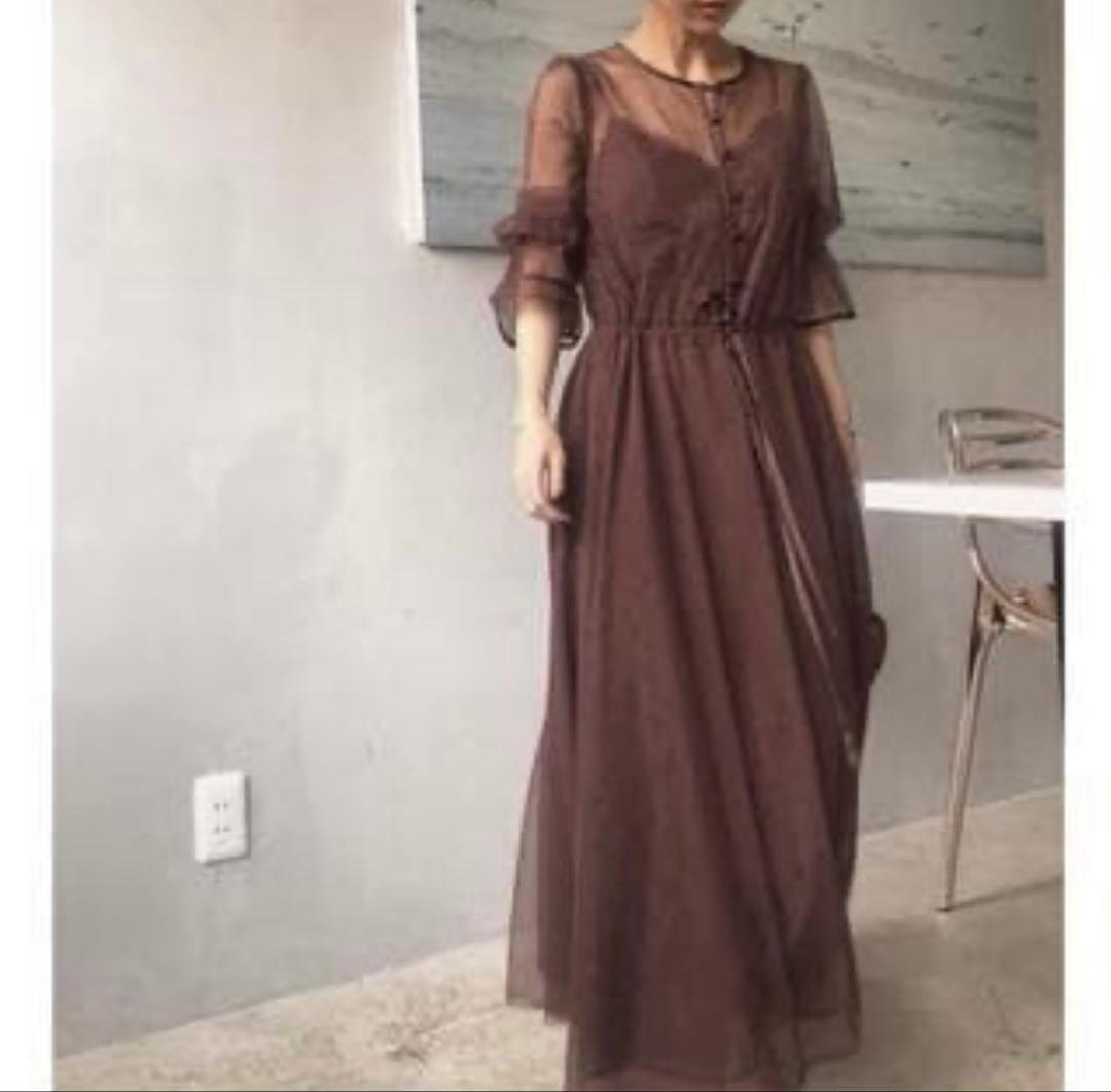 【美品】AMERI ブラウン シースルー袖 ロングドレス