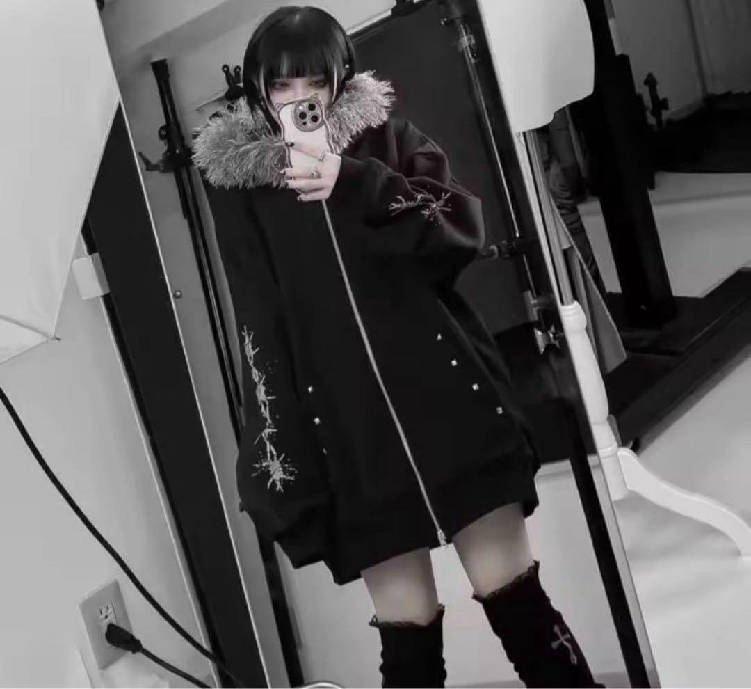 ディムモアール ファーフードGothicパーカー ブラック XL ロング丈