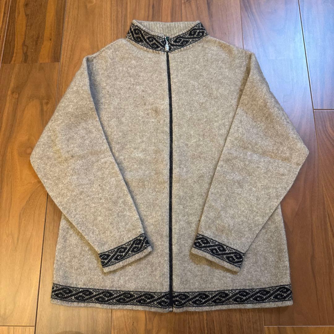 希少 NZ製 ロスロリアン ポッサムメリノウール ニットジャケット S 幾何学柄