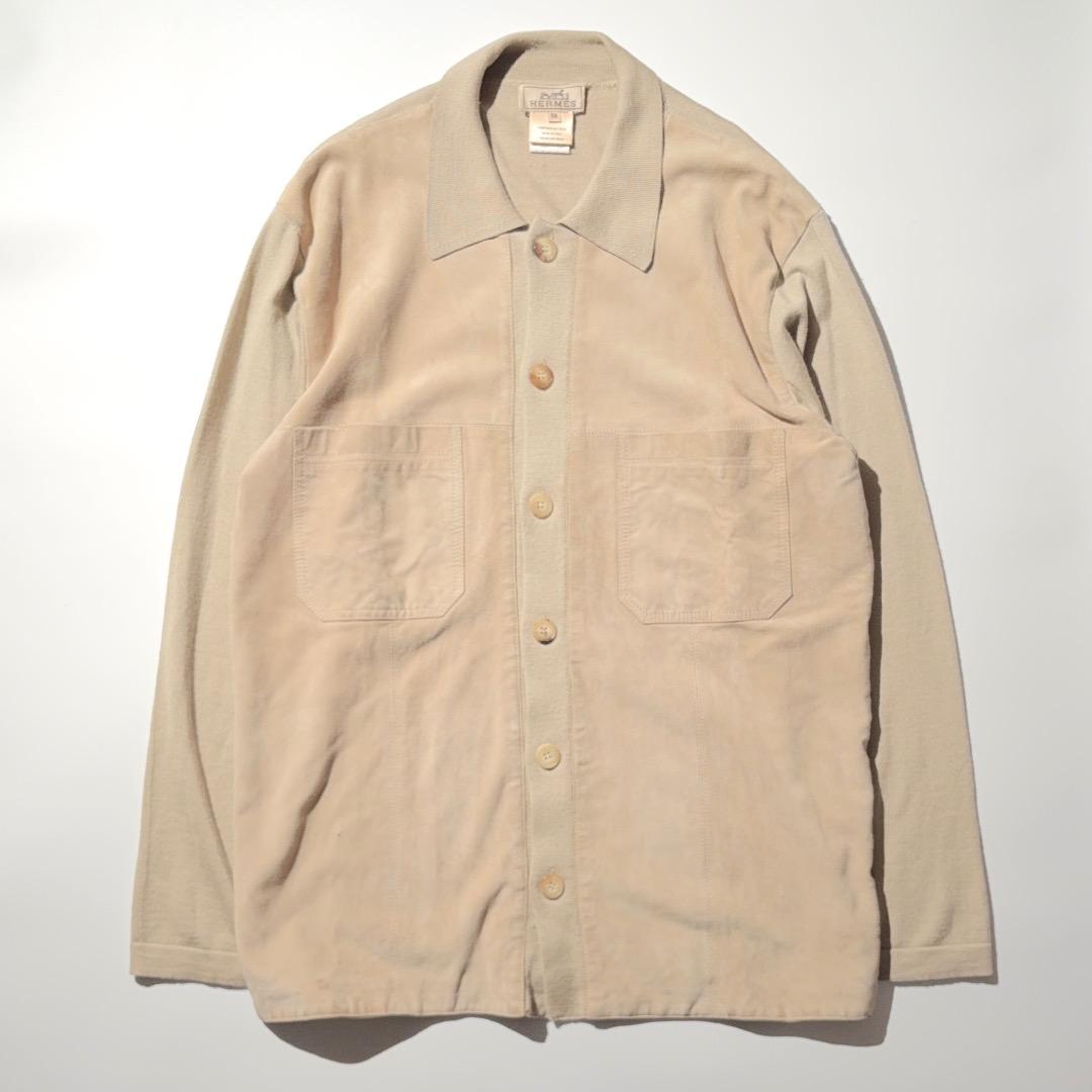 HERMES スエードレザー切り替えニットポロ ウールシルク エルメス 90s