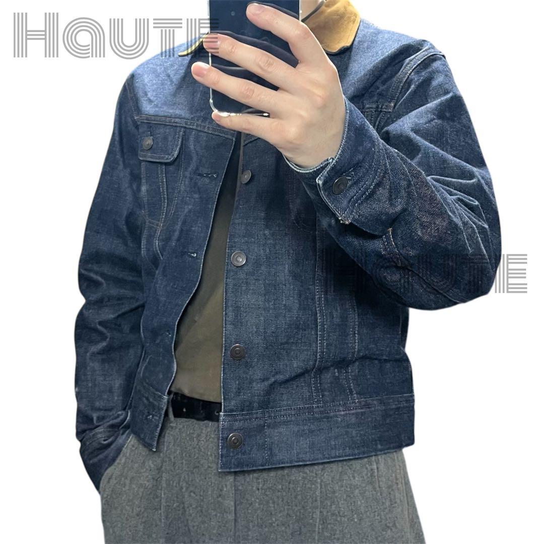 COMOLI ノンウォッシュ 襟レザー デニムジャケット レザーワークジャケット