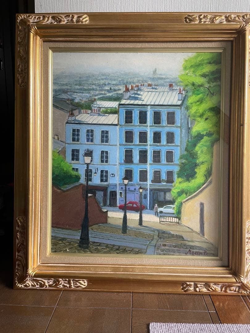 油彩画 街並みの風景 金色フレーム付き　F8