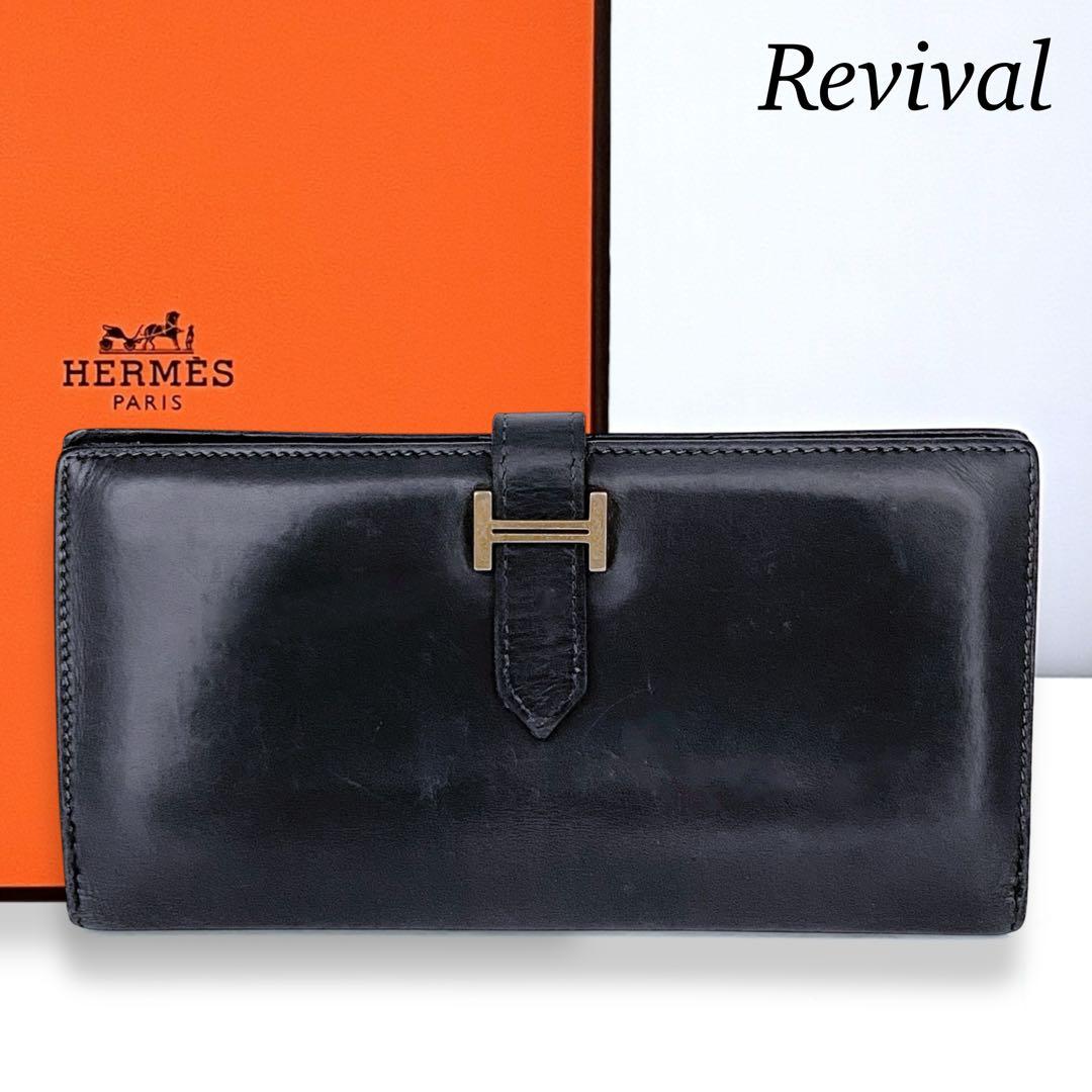 【美品】エルメス　ボックスカーフ　ベアンクラシック　折財布　ブラック　722